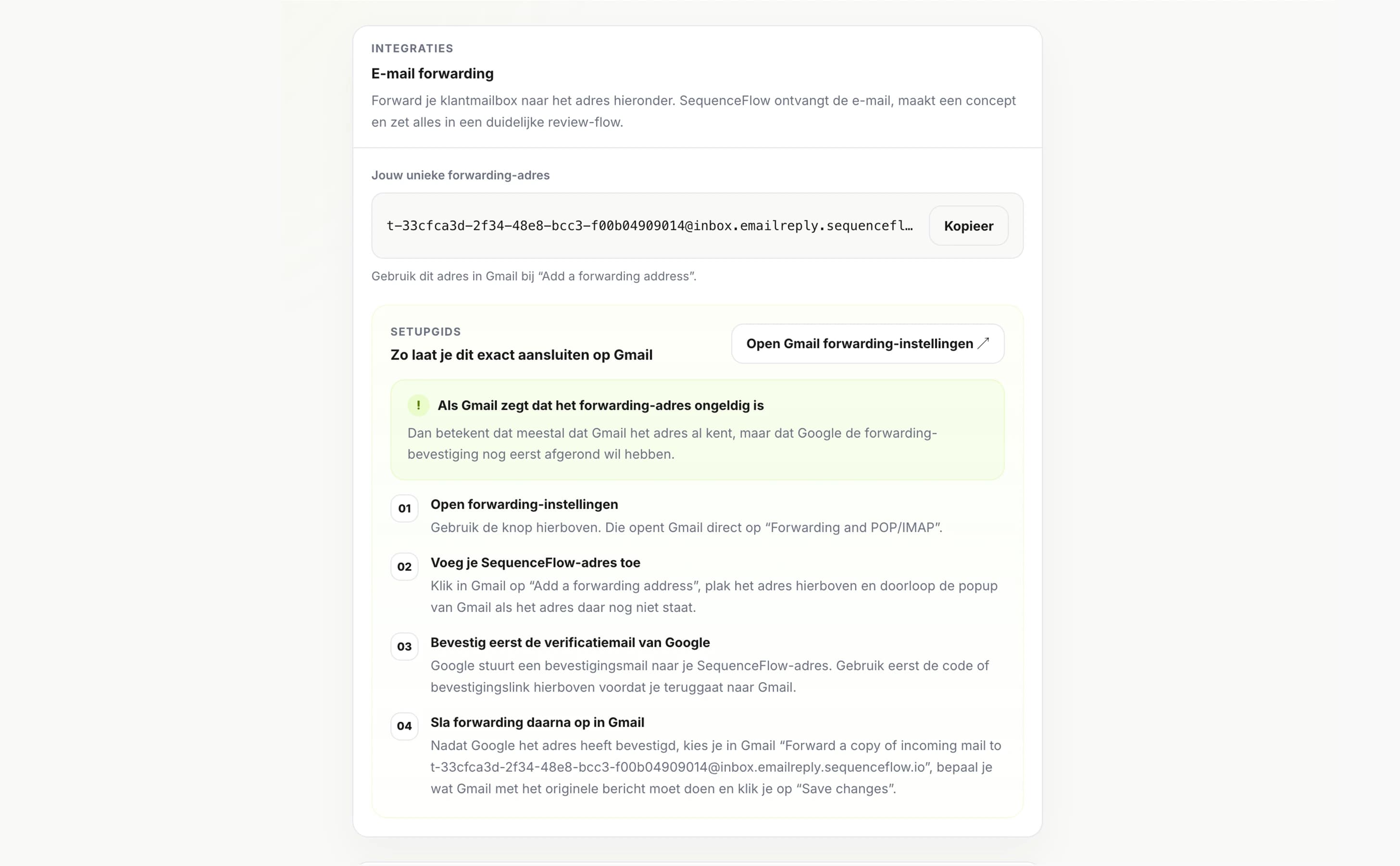 Gmail integratie scherm voor koppeling met inbox